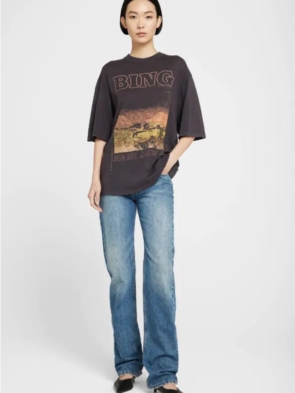 Anine Bing Caden Tee Rio De Janeiro Washed Black Graphic Tee Sz XS